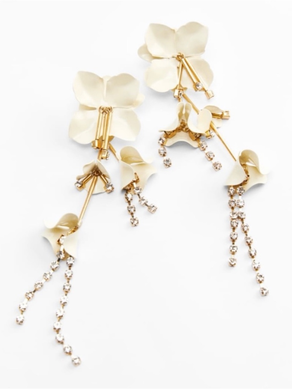 Zara White/Cream Gold Tone Chain Crystal Long Drop JEWEL FLORAL EARRINGS New
